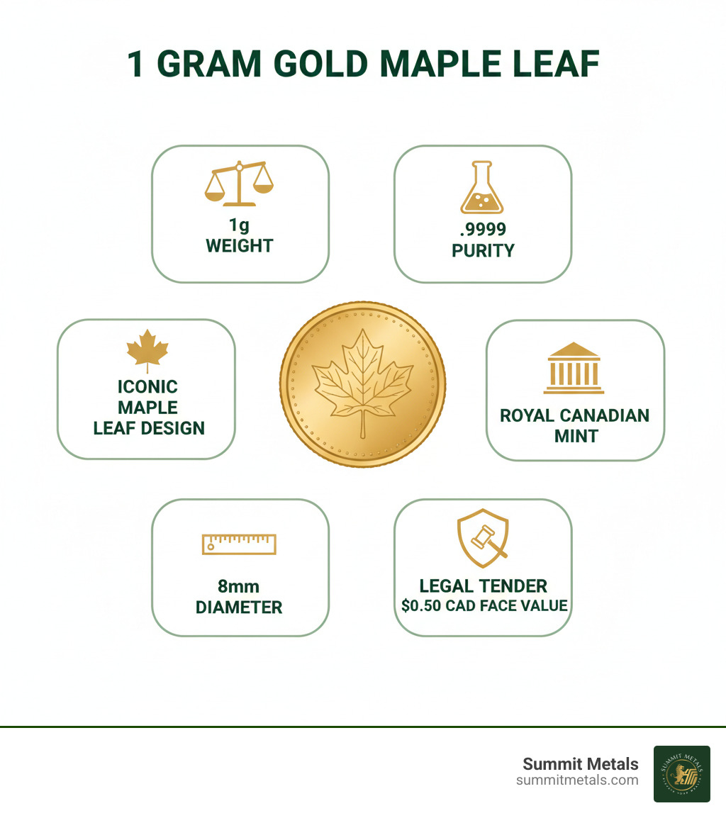 Infographic showing key specifications of 1 gram Gold Maple Leaf coin: 1g weight, .9999 purity, Royal Canadian Mint manufacturer, iconic maple leaf design, $0.50 CAD face value, 8mm diameter, and legal tender status - 1 gram gold maple infographic 