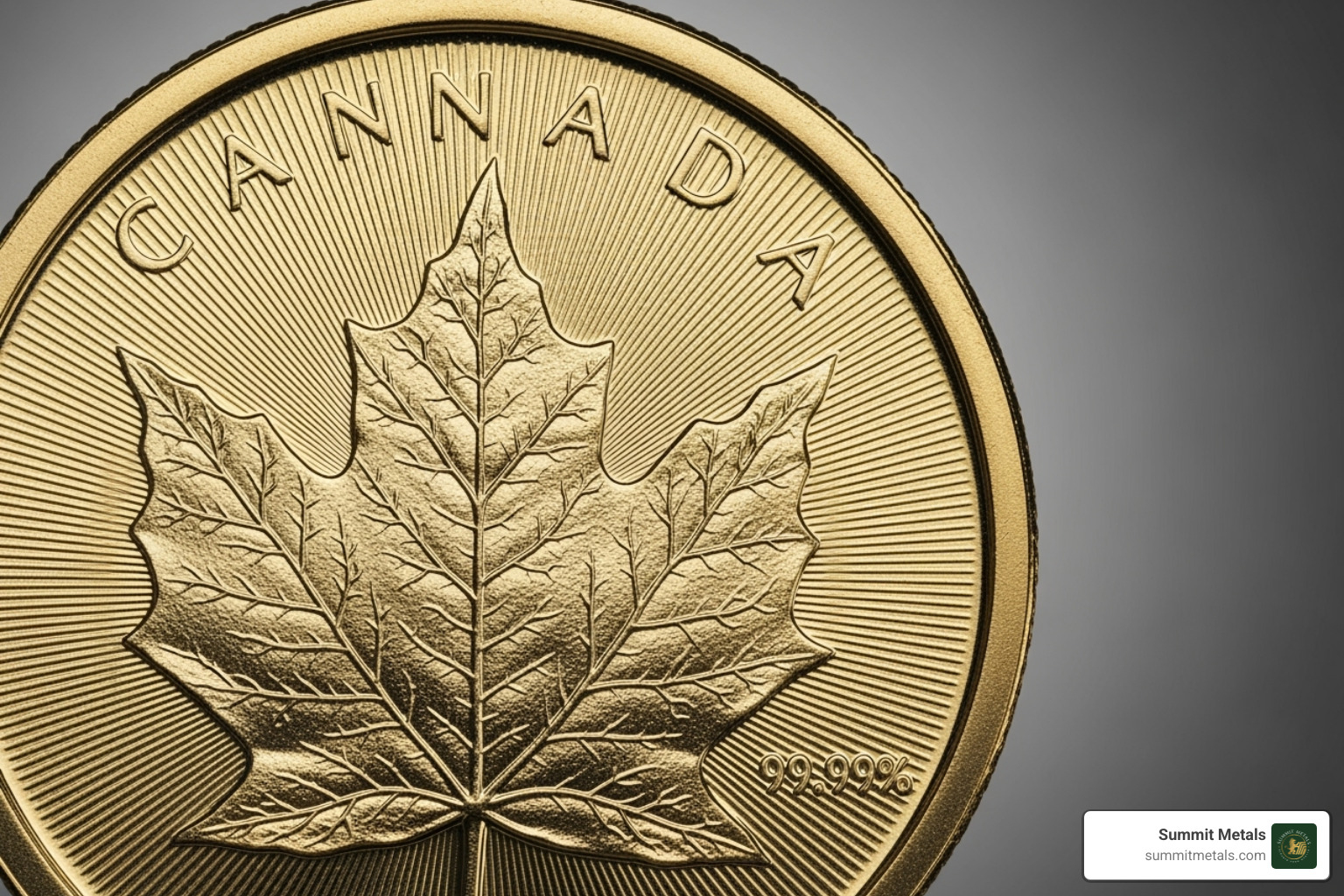 Close-up of the Canadian Gold Maple Leaf coin's details and radial lines - 1 gram gold maple