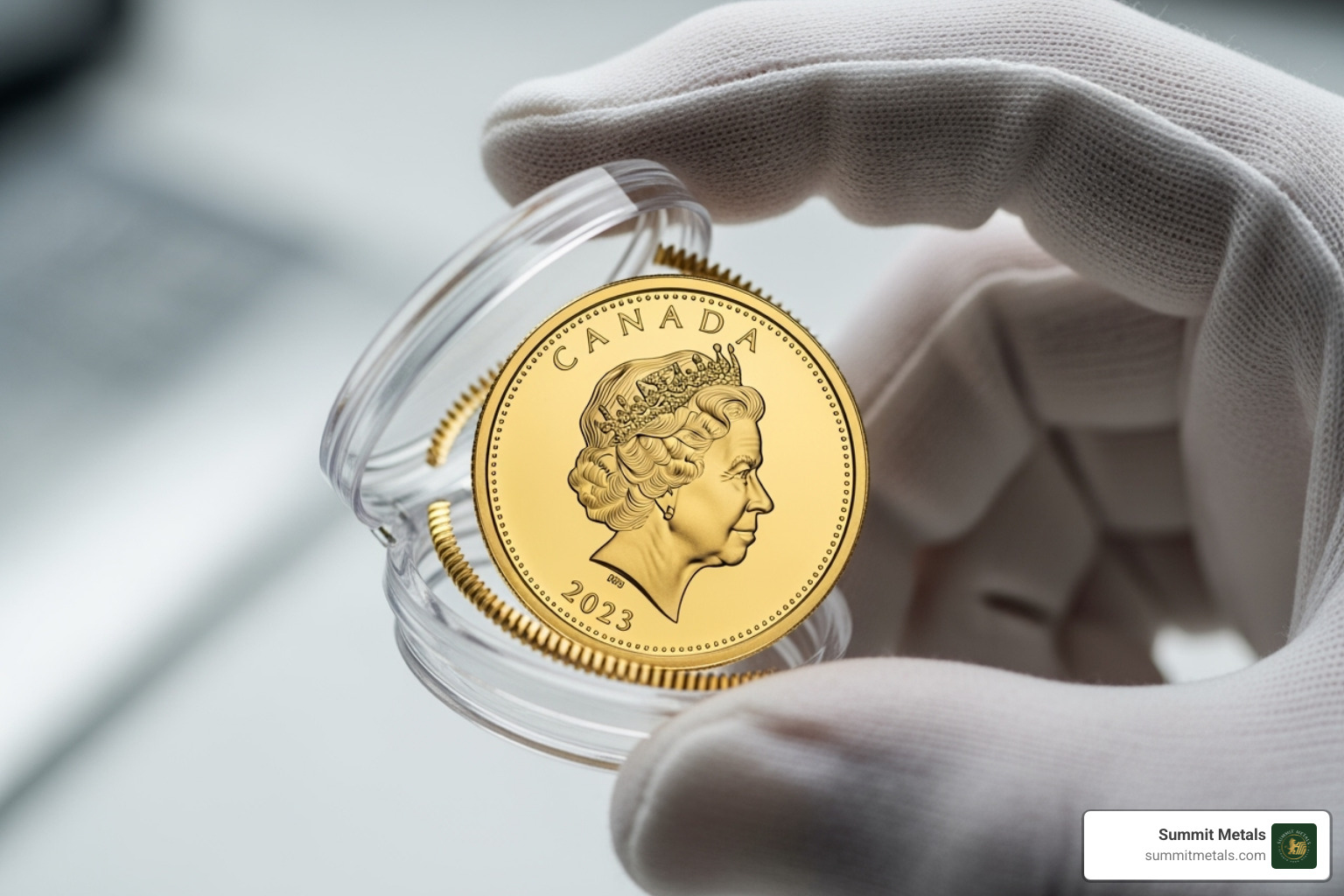 Gloved hand carefully placing a Canadian Gold Maple Leaf coin into a clear protective capsule - gold maple leaf canada
