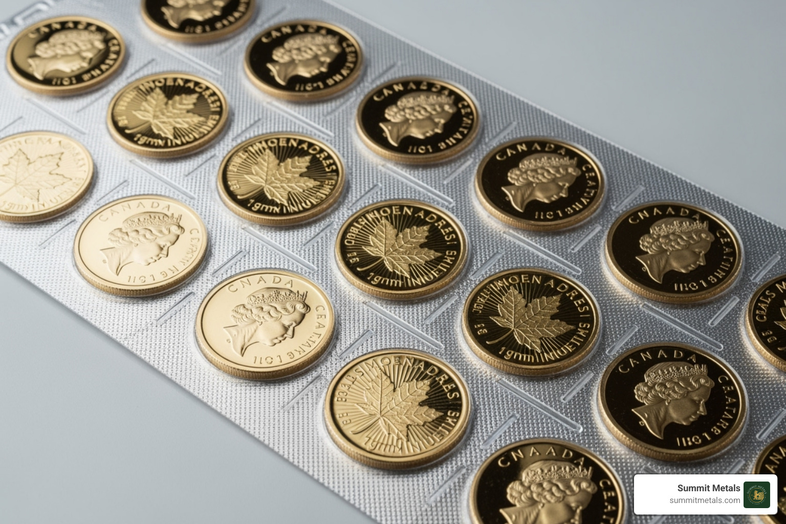 A full MapleGram25 sheet showing 25 individual 1 gram Gold Maple Leaf coins in a divisible blister pack - 1 gram gold maple