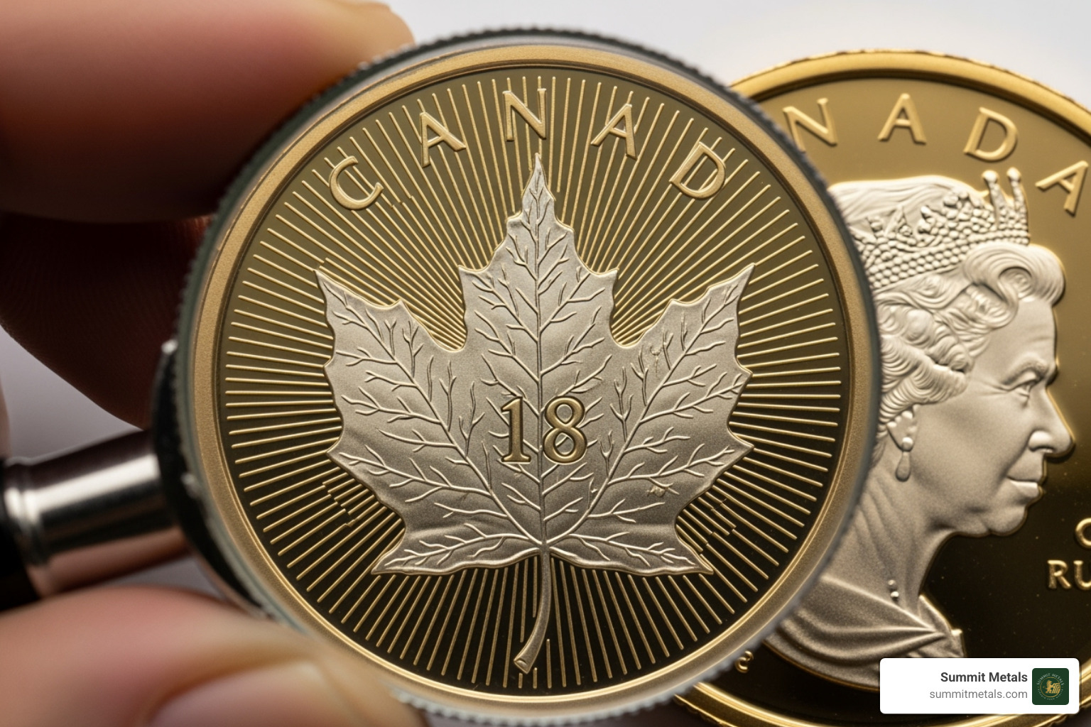 Magnifying glass over the security features of a Gold Maple Leaf - 1 10 oz gold maple leaf