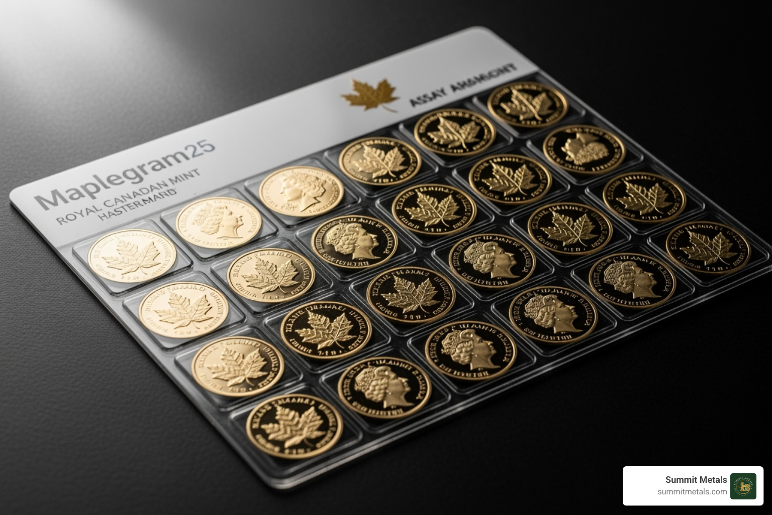 Maplegram25 sheet, showing 25 individual 1g coins in an assay card - 1 gram maple leaf gold coin