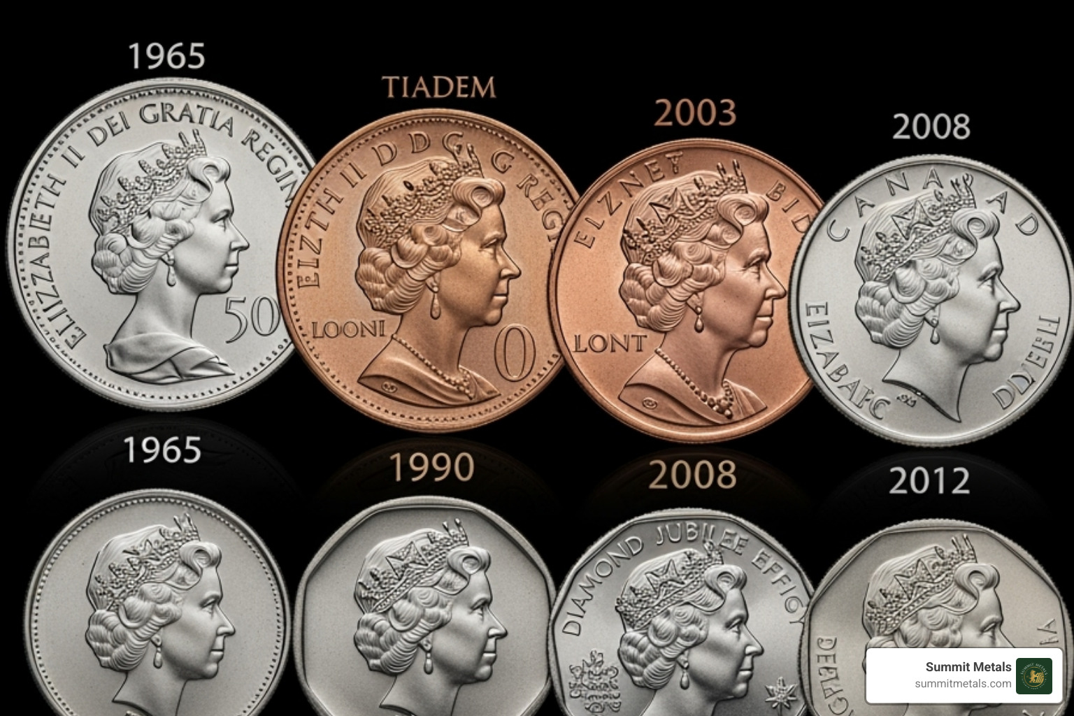 Various portraits of Queen Elizabeth II on Canadian coins over the years - golden maple leaf coin