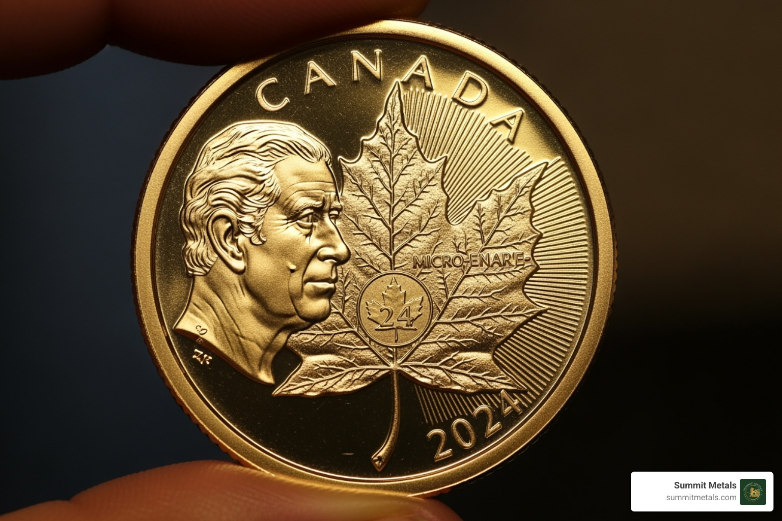 Gold Maple Leaf coin held up to the light - canada coin