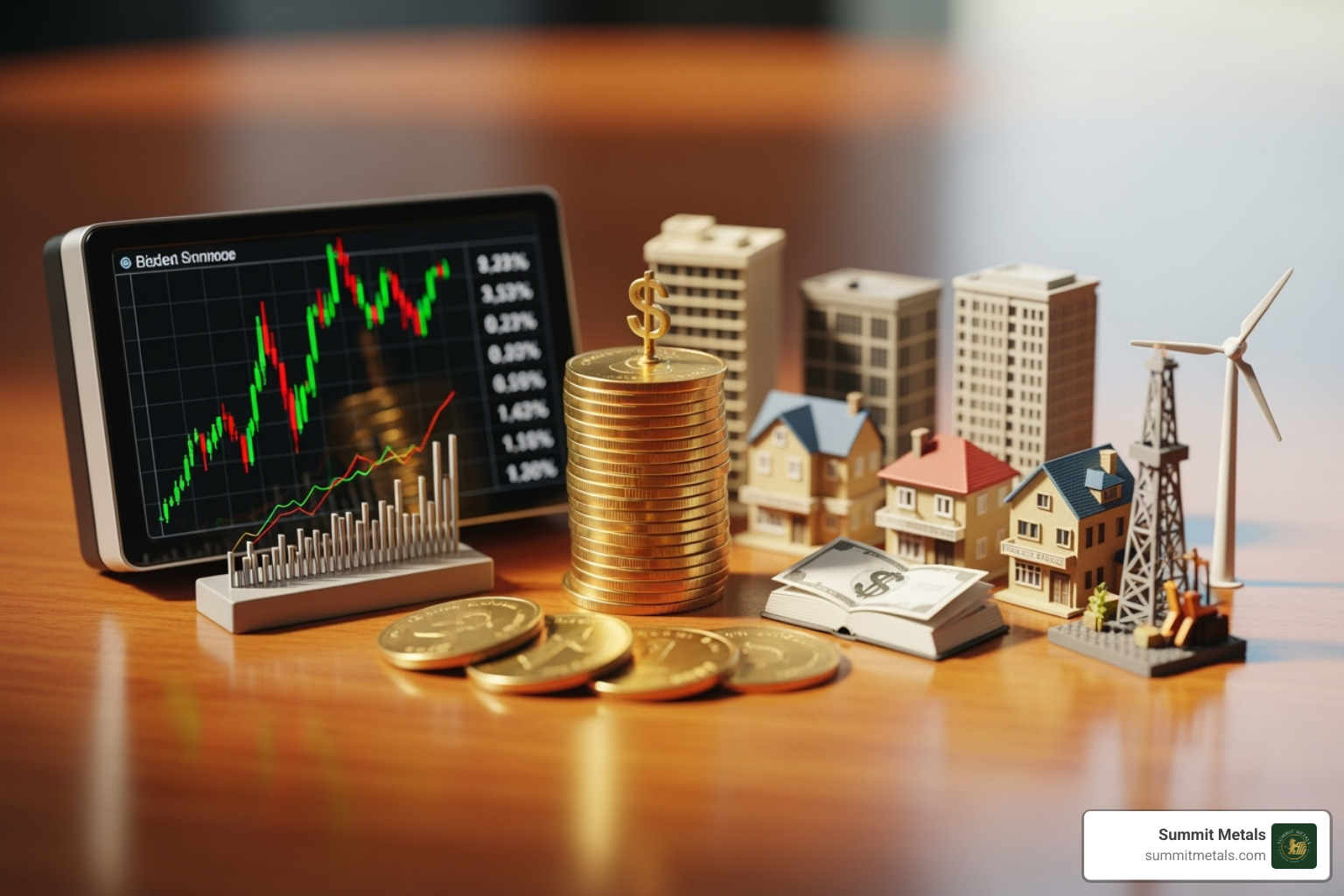 Diversified investment portfolio graphic including gold, stocks, and real estate - gold maple gram