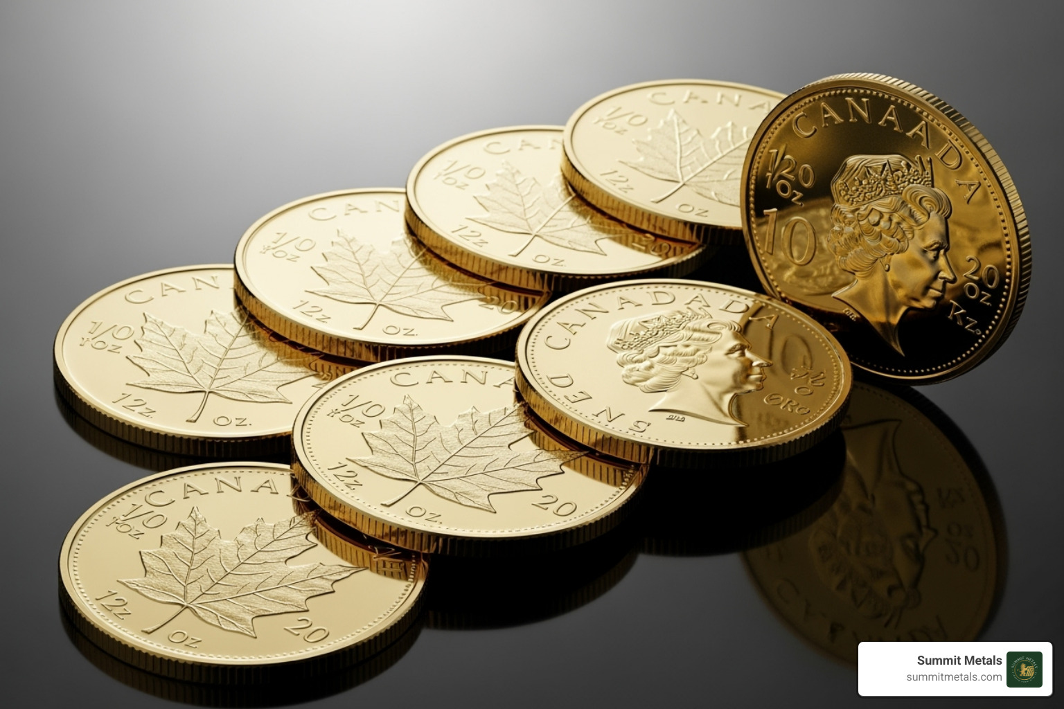 Image of a fractional Gold Maple Leaf set showing the different sizes - Gold Maple Leaf