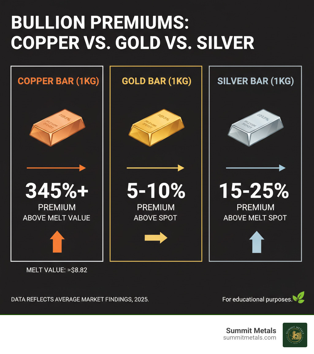 Infographic showing premium differences between copper, gold, and silver bars - copper bar 1kg infographic 