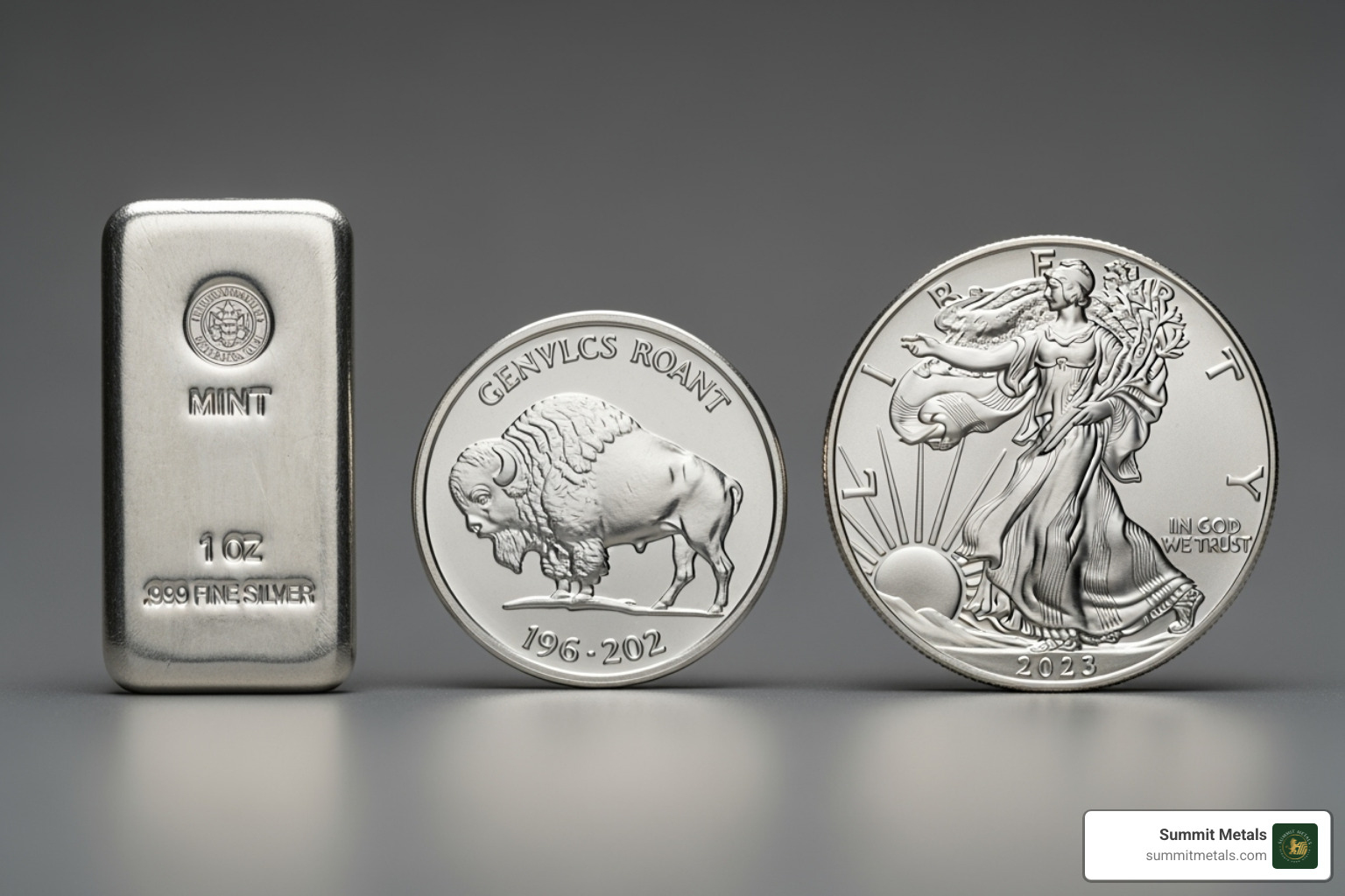 A visual comparison of a silver bar, a generic silver round, and an American Silver Eagle coin - silver bar premium