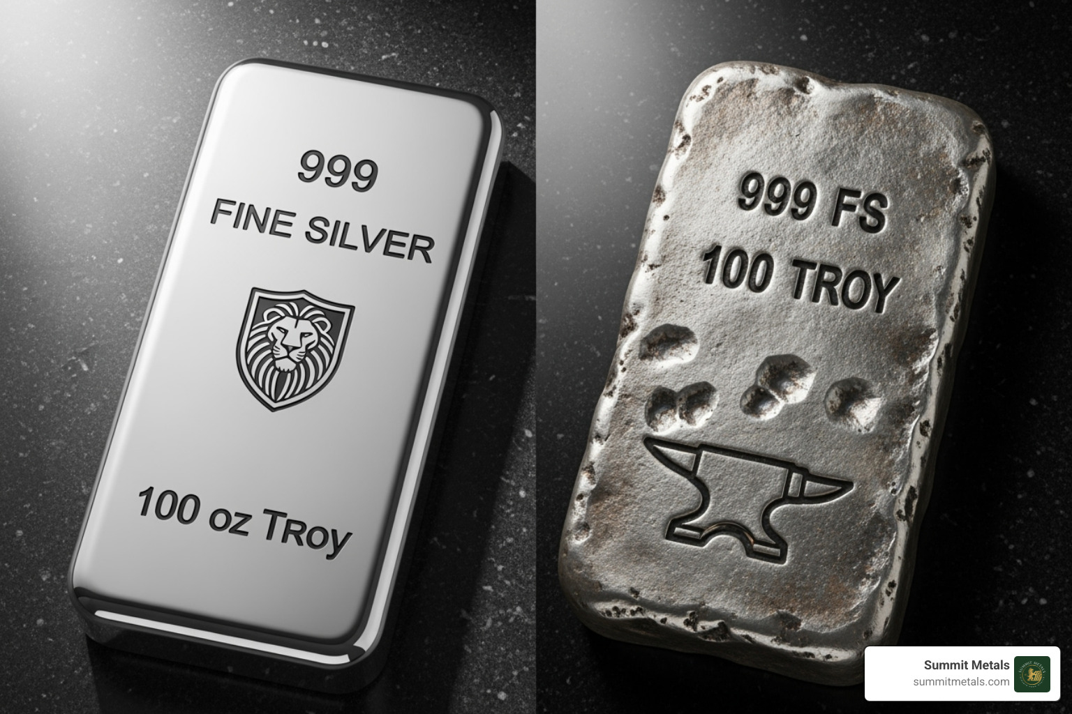 A comparison of a shiny minted silver bar and a rugged cast silver bar - silver bar premium