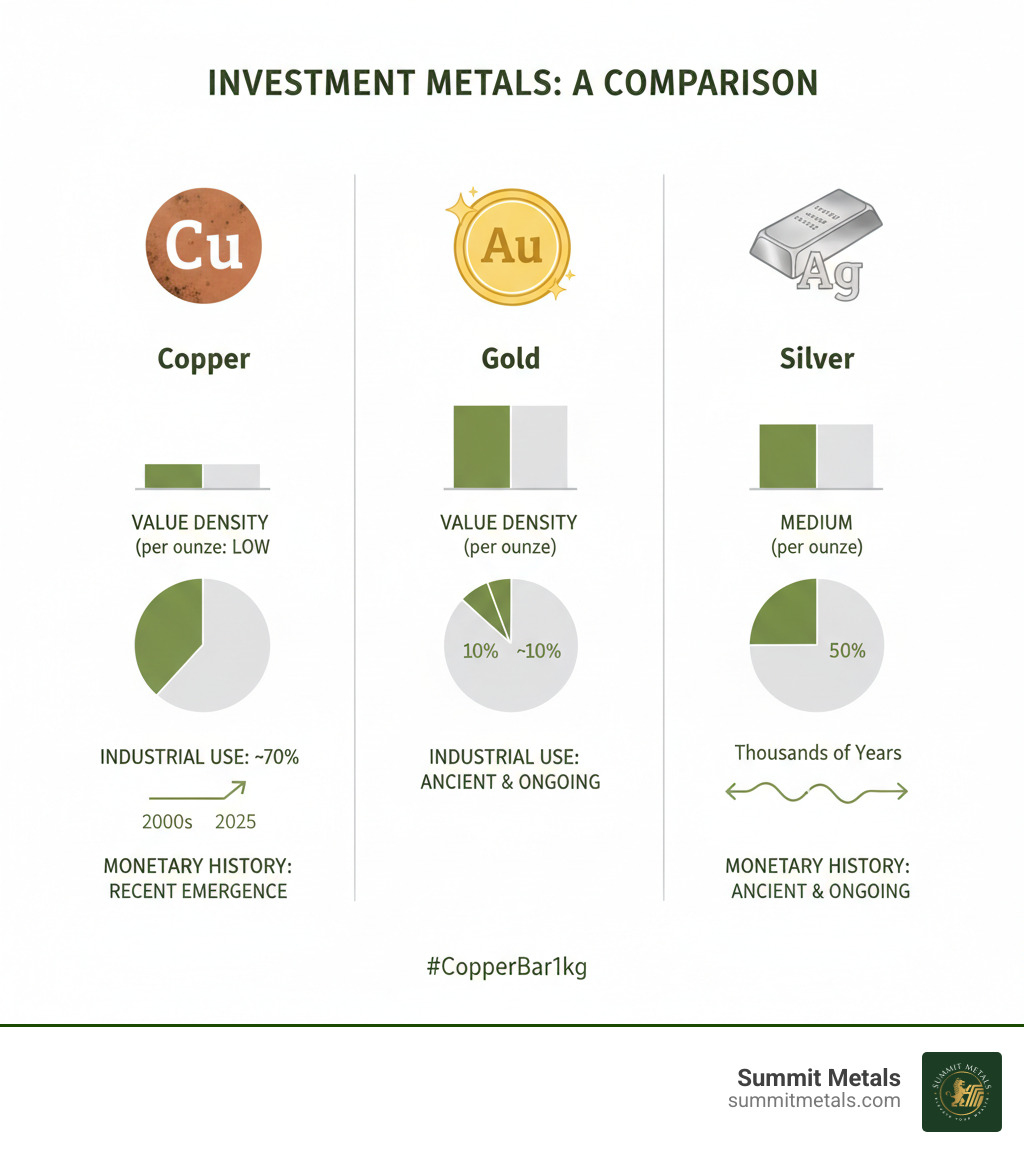 Infographic comparing copper, gold, and silver as investments showing value density per ounce, industrial use percentages, and monetary history spanning thousands of years for gold and silver versus copper's recent emergence as an investment option - copper bar 1kg infographic 