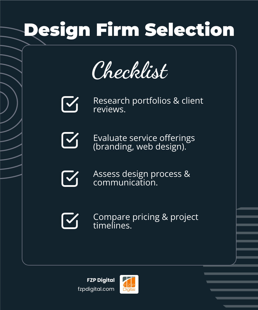 Philadelphia Design Firm Selection Process: Research portfolios and client reviews, evaluate service offerings including branding and web design, assess their design process and communication style, compare pricing and project timelines, schedule consultations with top candidates, and make your final decision based on cultural fit and expertise - design firms in philadelphia infographic checklist-dark-blue Philadelphia Design Firm Selection Process: Research portfolios and client reviews, evaluate service offerings including branding and web design, assess their design process and communication style, compare pricing and project timelines, schedule consultations with top candidates, and make your final decision based on cultural fit and expertise - design firms in philadelphia infographic checklist-dark-blue