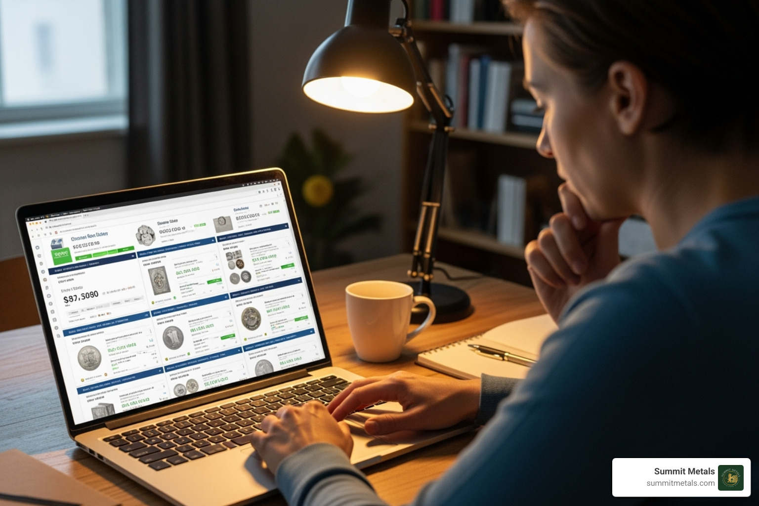 A person comparing silver prices on a laptop, highlighting various dealer websites - silver bar premium