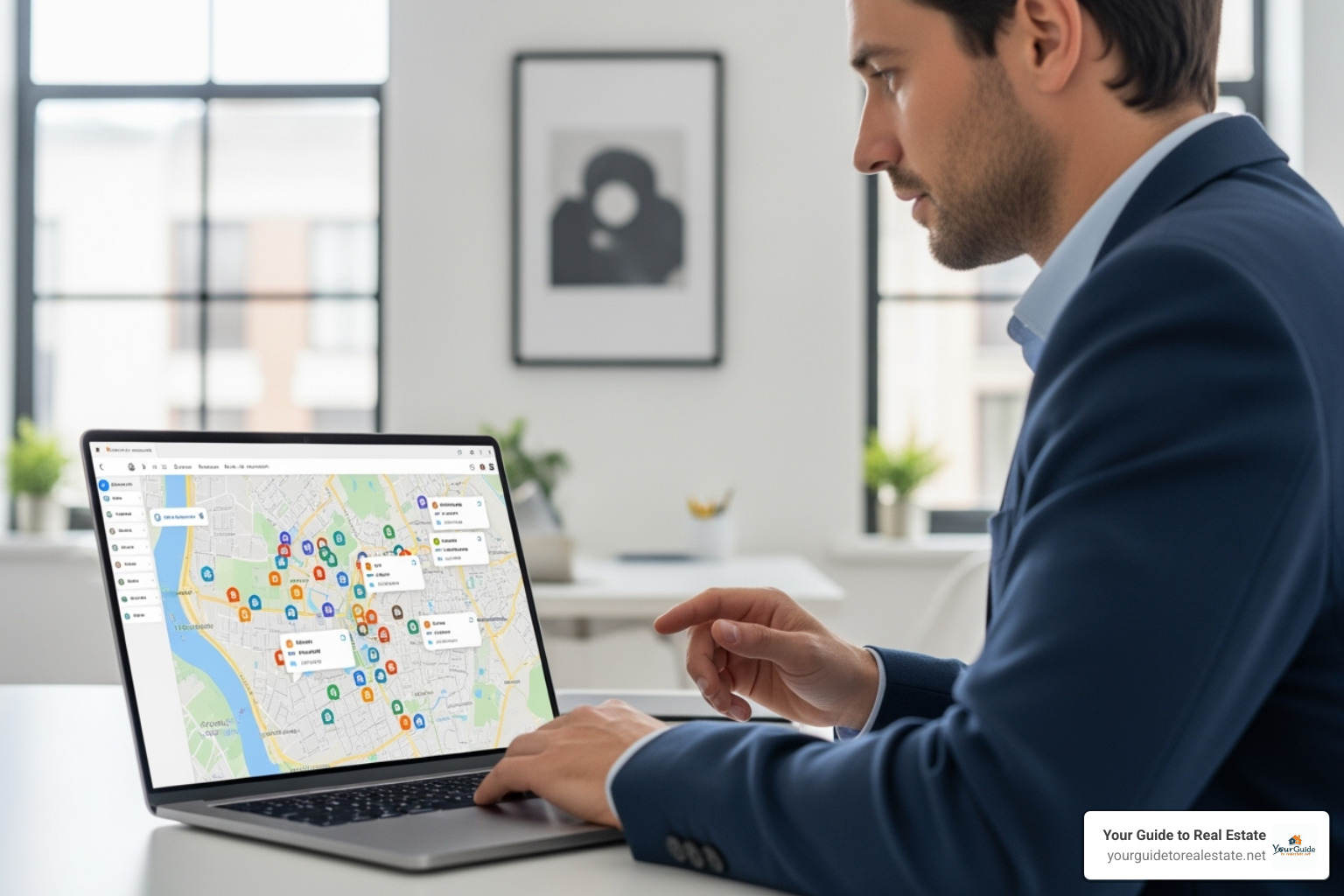 Real estate agent using a laptop to view a map with property listings - Real estate FSBO leads