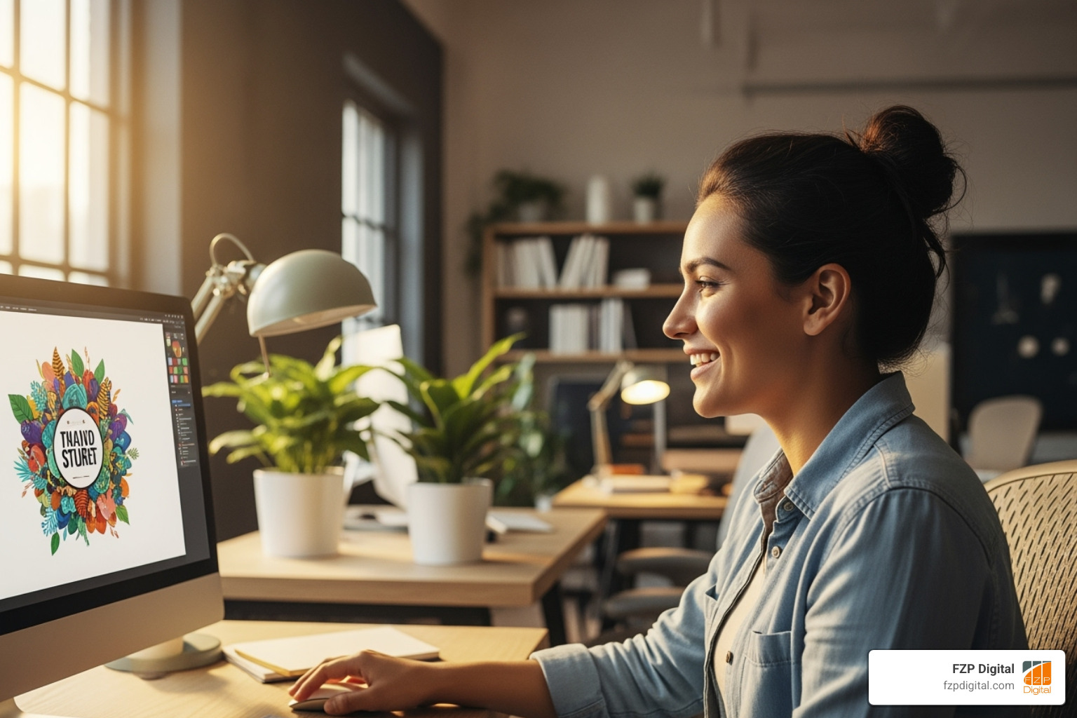 A person smiling while looking at a creative design on a computer screen, surrounded by a bright, warm, and inviting office environment. - design firms in philadelphia A person smiling while looking at a creative design on a computer screen, surrounded by a bright, warm, and inviting office environment. - design firms in philadelphia