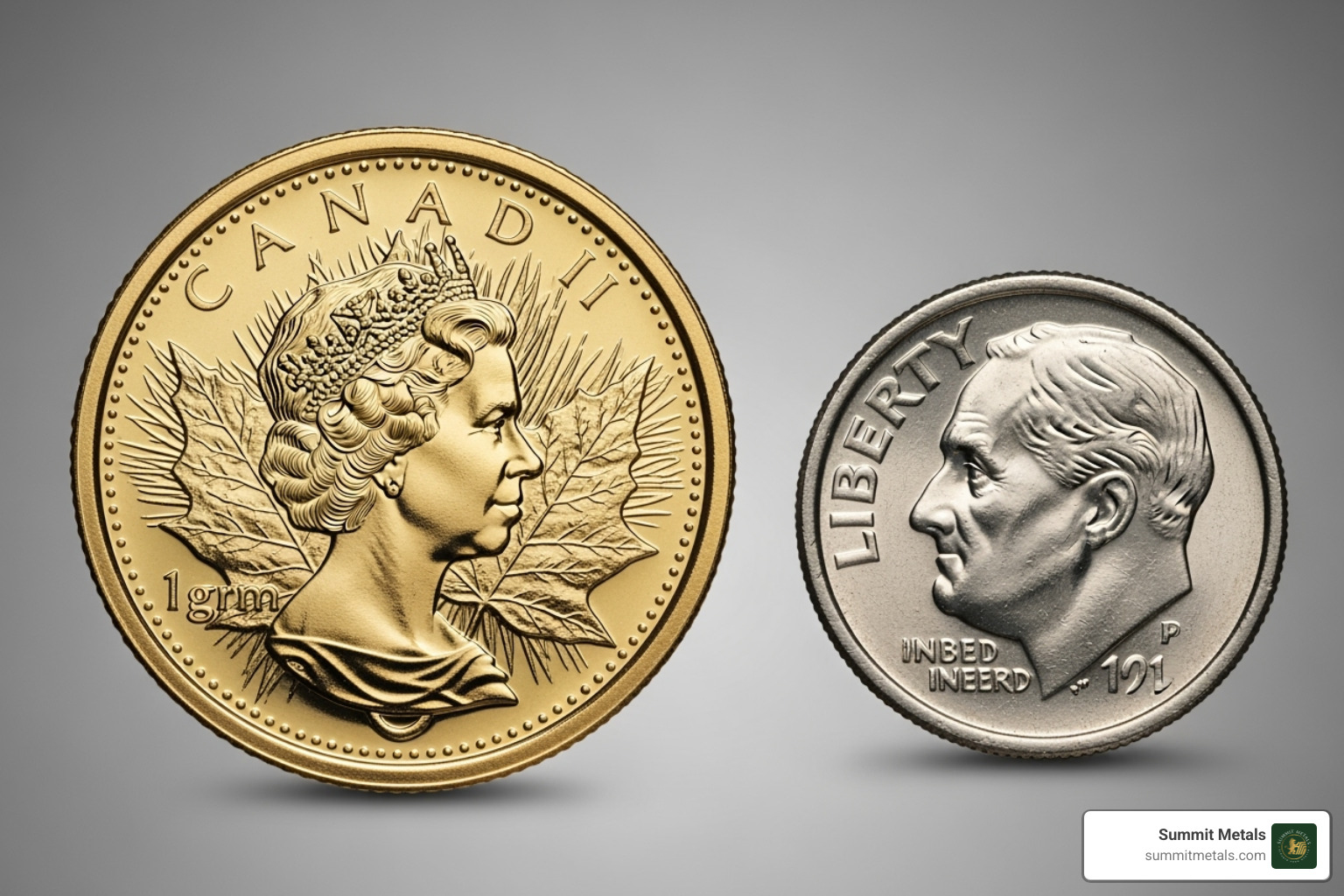 A single 1-gram Gold Maple Leaf coin next to a U.S. dime for size comparison - gold maple gram