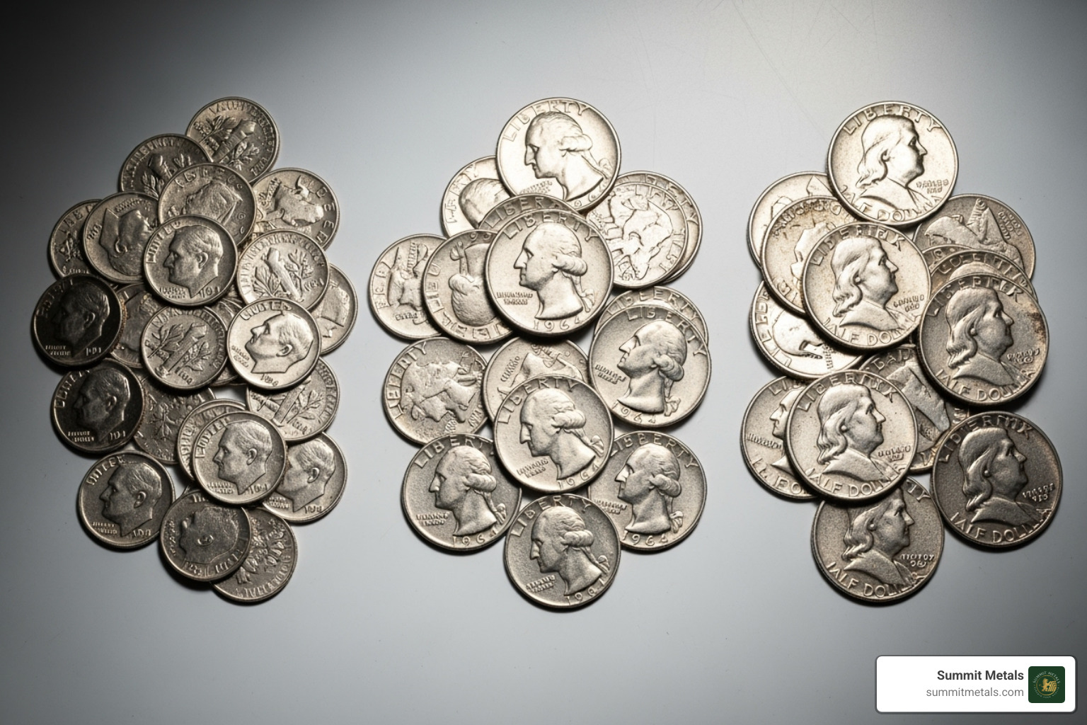 Roosevelt dimes, Washington quarters, and Franklin half-dollars in separate piles - buy junk silver coins