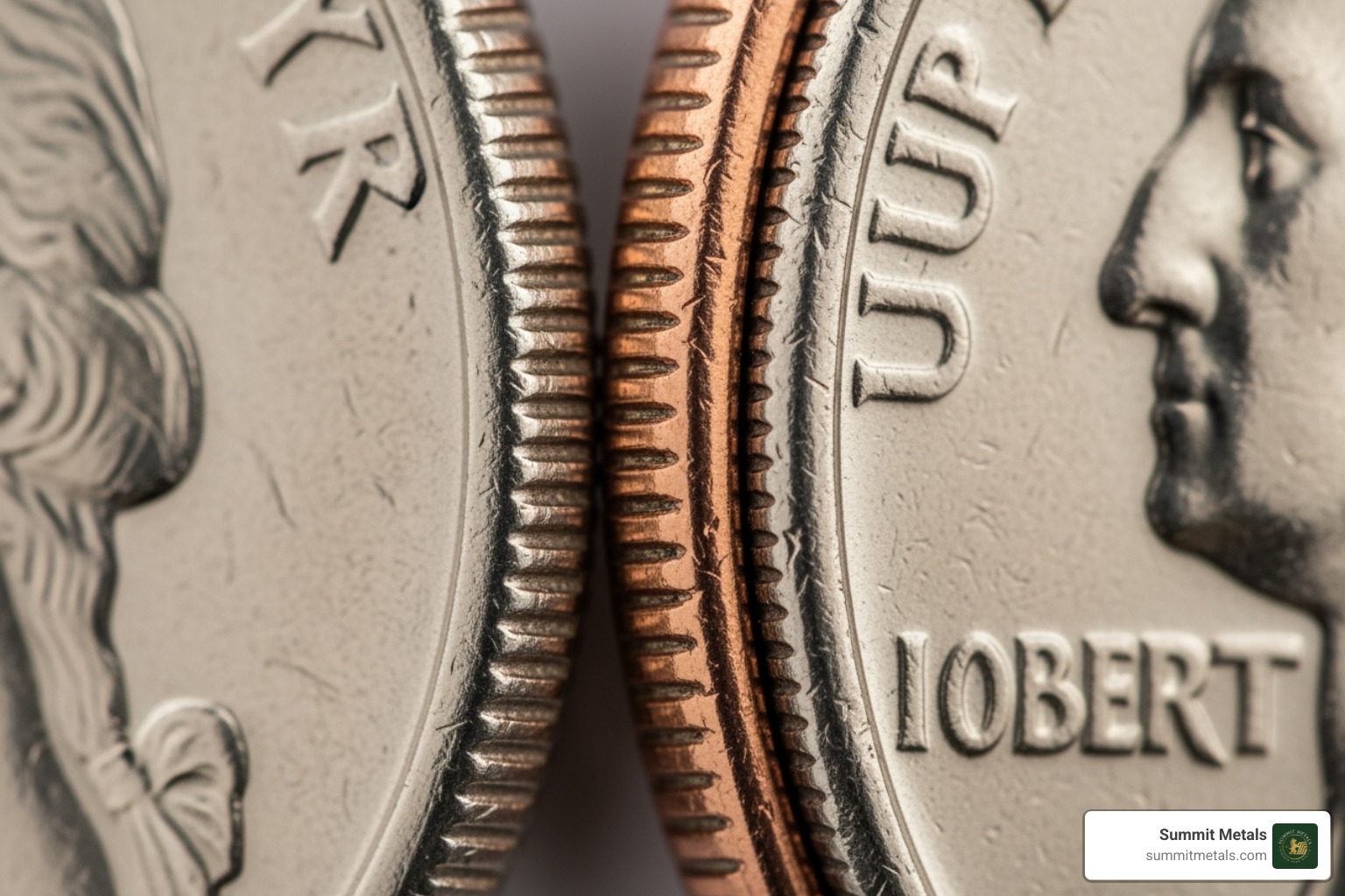 close-up of the solid silver edge of a 90% silver quarter versus the copper-striped edge of a modern clad quarter - buy junk silver coins