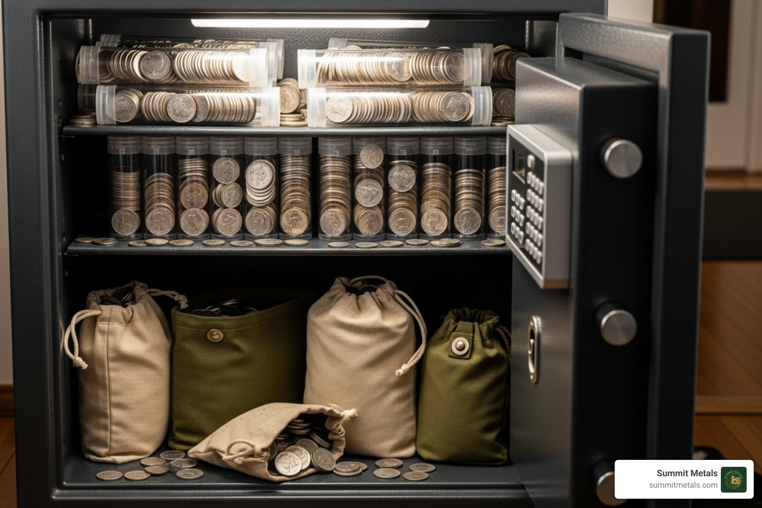 silver coins stored in plastic tubes and canvas bags inside a home safe - buy junk silver coins