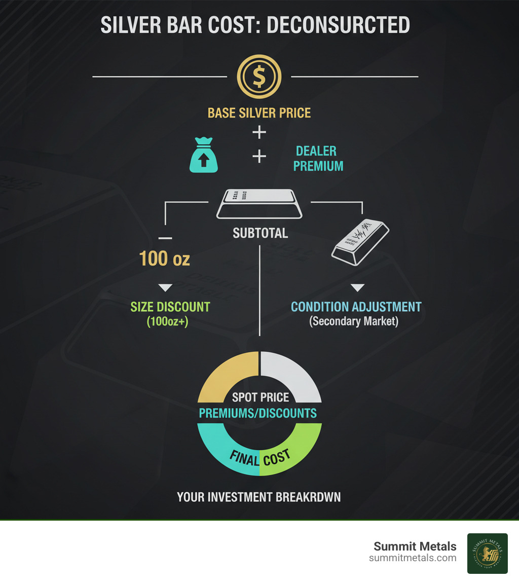 Comprehensive guide showing spot price calculation for silver bars, including base silver price, dealer premium, size premium discounts for 100oz bars, and condition adjustments for secondary market bars, with final total cost breakdown - discount silver bars infographic 