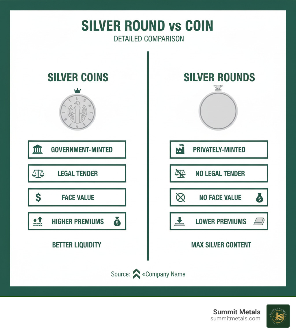 Detailed comparison infographic showing silver coins (government-minted, legal tender status, face value, higher premiums, better liquidity) versus silver rounds (privately-minted, no legal tender, no face value, lower premiums, maximum silver content) - silver round vs coin infographic 
