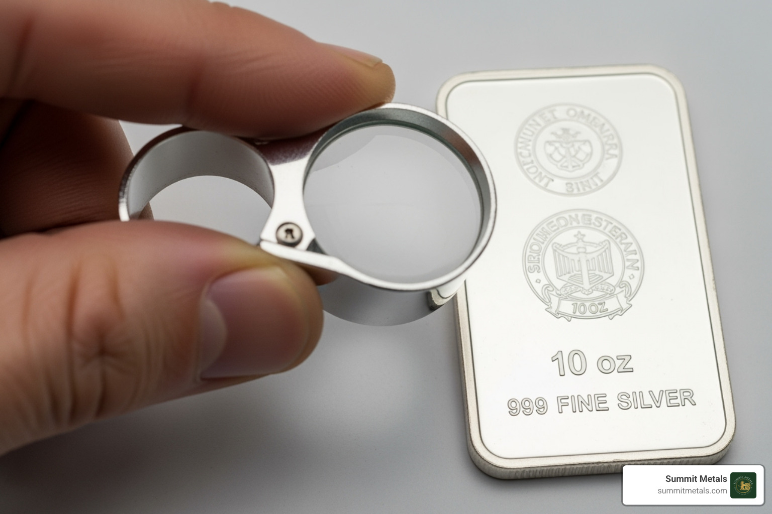 silver bar with clear mint marks, weight, and purity stamps being examined with a loupe - discount silver bars