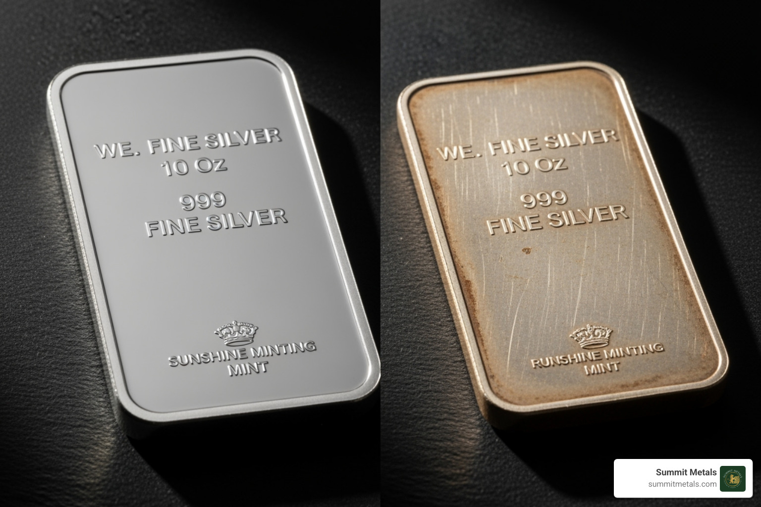 visual difference between a pristine, newly minted bar and a toned, secondary market bar - discount silver bars