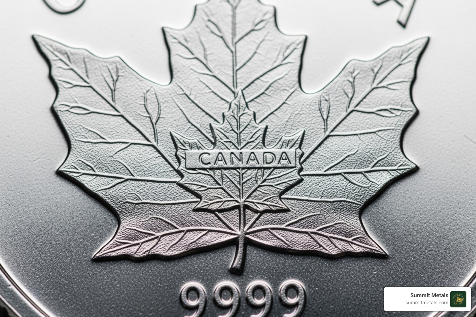 IMAGE showing a close-up of the micro-engraved maple leaf on a Canadian Silver Maple Leaf coin - silver round vs coin
