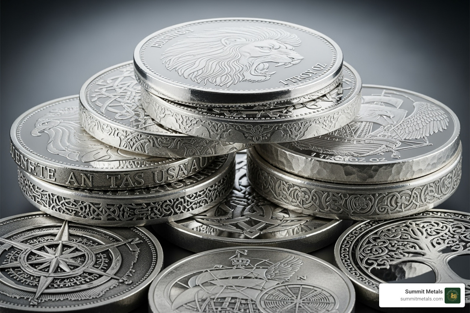 IMAGE of a stack of various silver rounds with different designs - silver round vs coin
