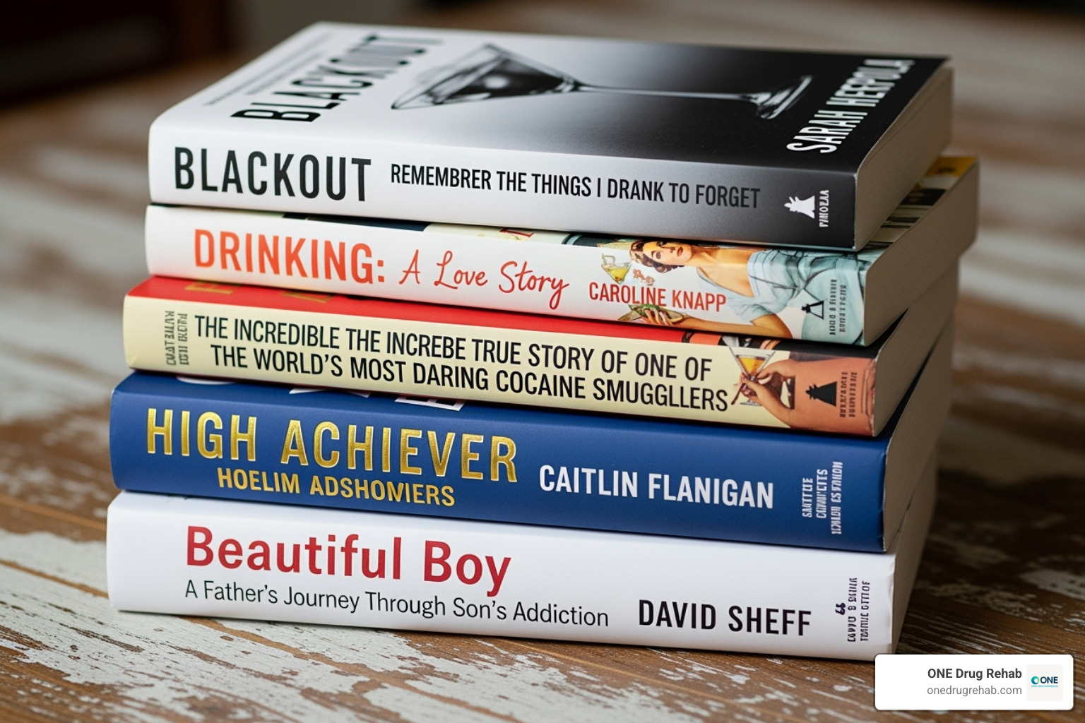 A stack of popular addiction memoirs including 'Blackout', 'Drinking: A Love Story', 'High Achiever', and 'Beautiful Boy' - addiction recovery books