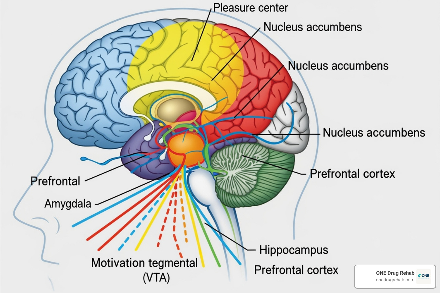 An illustration of the brain's reward pathways, highlighting areas associated with pleasure and motivation, and how they are affected by addiction - addiction recovery books