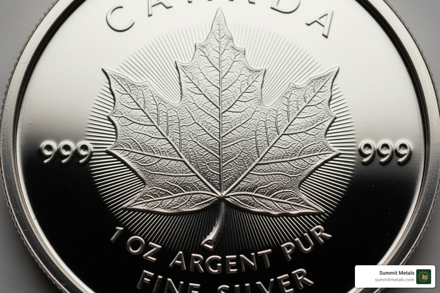 IMAGE of a Canadian Silver Maple Leaf coin showing its intricate details - silver round vs coin