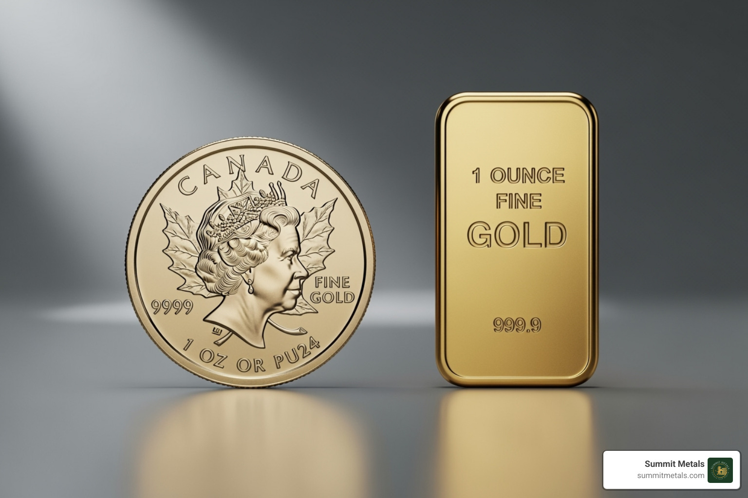 comparison of Gold Maple Leaf and a generic gold bar side-by-side - 1 oz gold maple coin