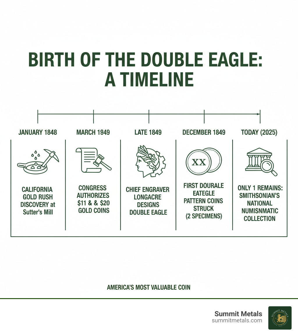 Infographic showing the timeline from the 1848 California Gold Rush findy to the December 1849 striking of the first Double Eagle pattern coins, including key legislative milestones and the coin's journey to the Smithsonian - 1849 coronet head gold $20 double eagle unique smithsonian collection infographic 