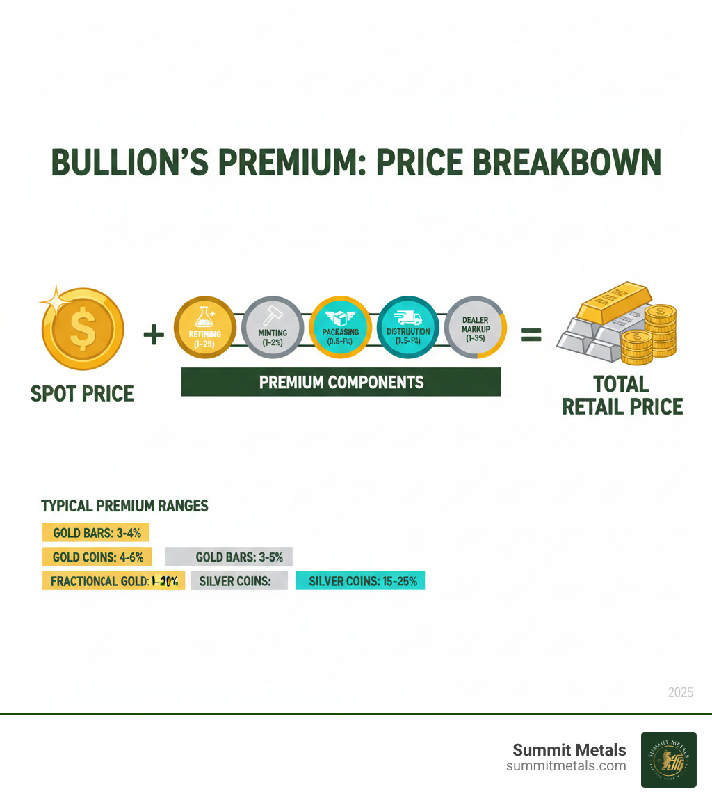 Premium over spot breakdown infographic showing spot price plus various premium components (refining, minting, packaging, distribution, dealer markup) equals total retail price, with typical percentage ranges for different precious metals products - premium over spot infographic 
