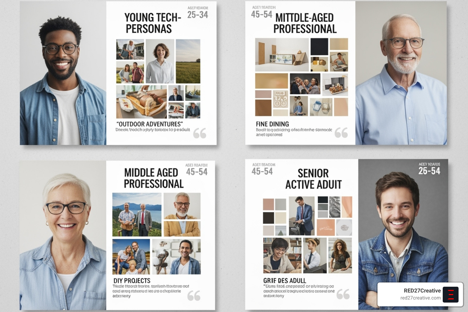 A collage of diverse customer personas with associated visual mood boards and demographic details - Online visual presence A collage of diverse customer personas with associated visual mood boards and demographic details - Online visual presence