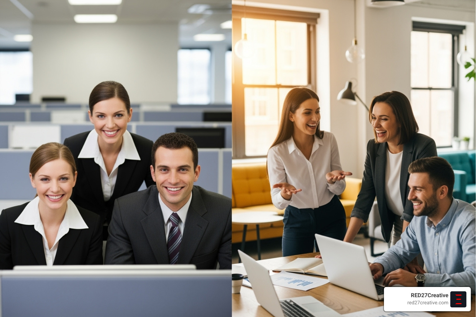 A side-by-side comparison of a generic, low-quality stock photo versus a professional, high-quality brand photograph with authentic subjects - Online visual presence A side-by-side comparison of a generic, low-quality stock photo versus a professional, high-quality brand photograph with authentic subjects - Online visual presence