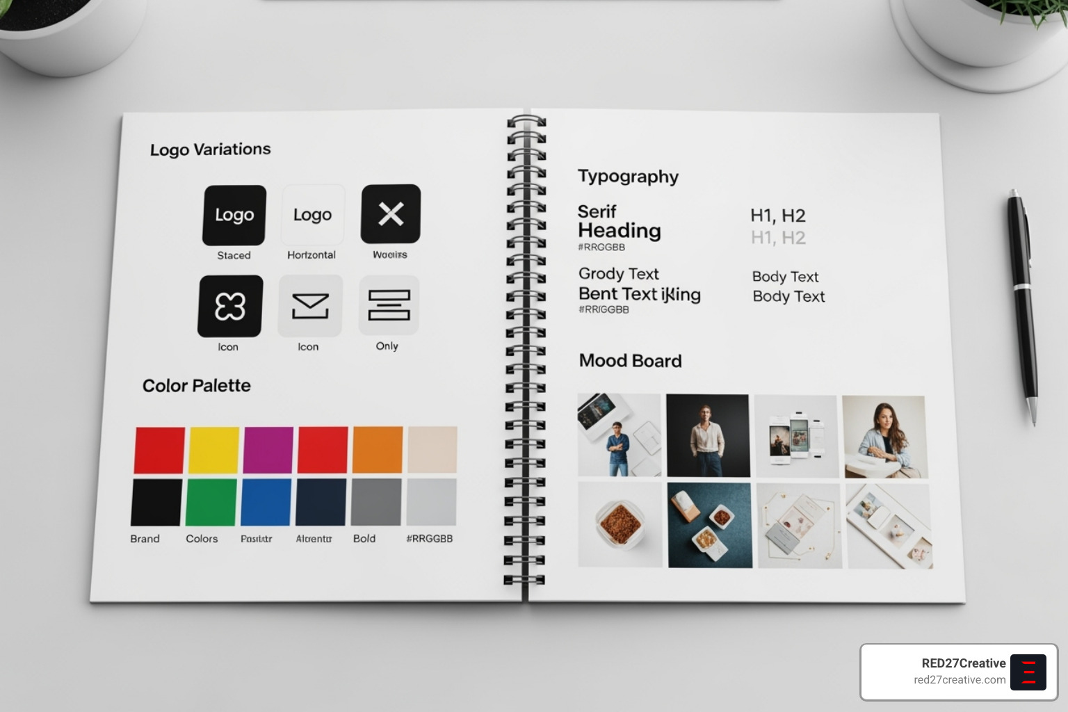 A comprehensive brand style guide displaying a logo, color palette hex codes, typography examples, and imagery guidelines - Online visual presence A comprehensive brand style guide displaying a logo, color palette hex codes, typography examples, and imagery guidelines - Online visual presence