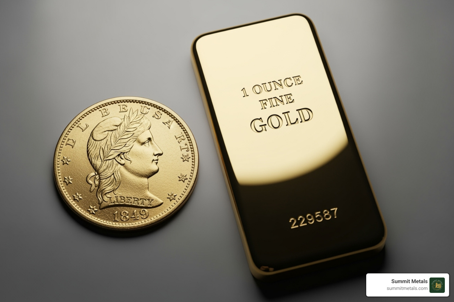Comparison of a gold coin to a gold bar - 1880 $10 liberty eagle gold coin