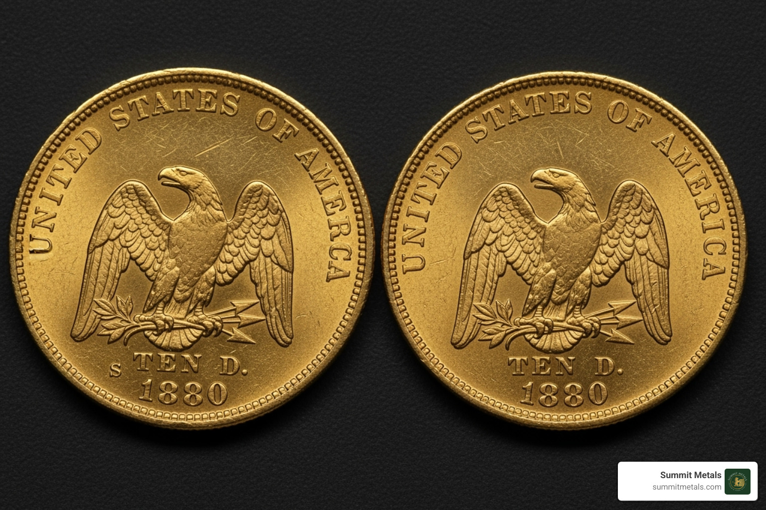 Graded 1880-P and 1880-S Liberty Eagle side-by-side to show the mint mark - 1880 $10 liberty eagle gold coin