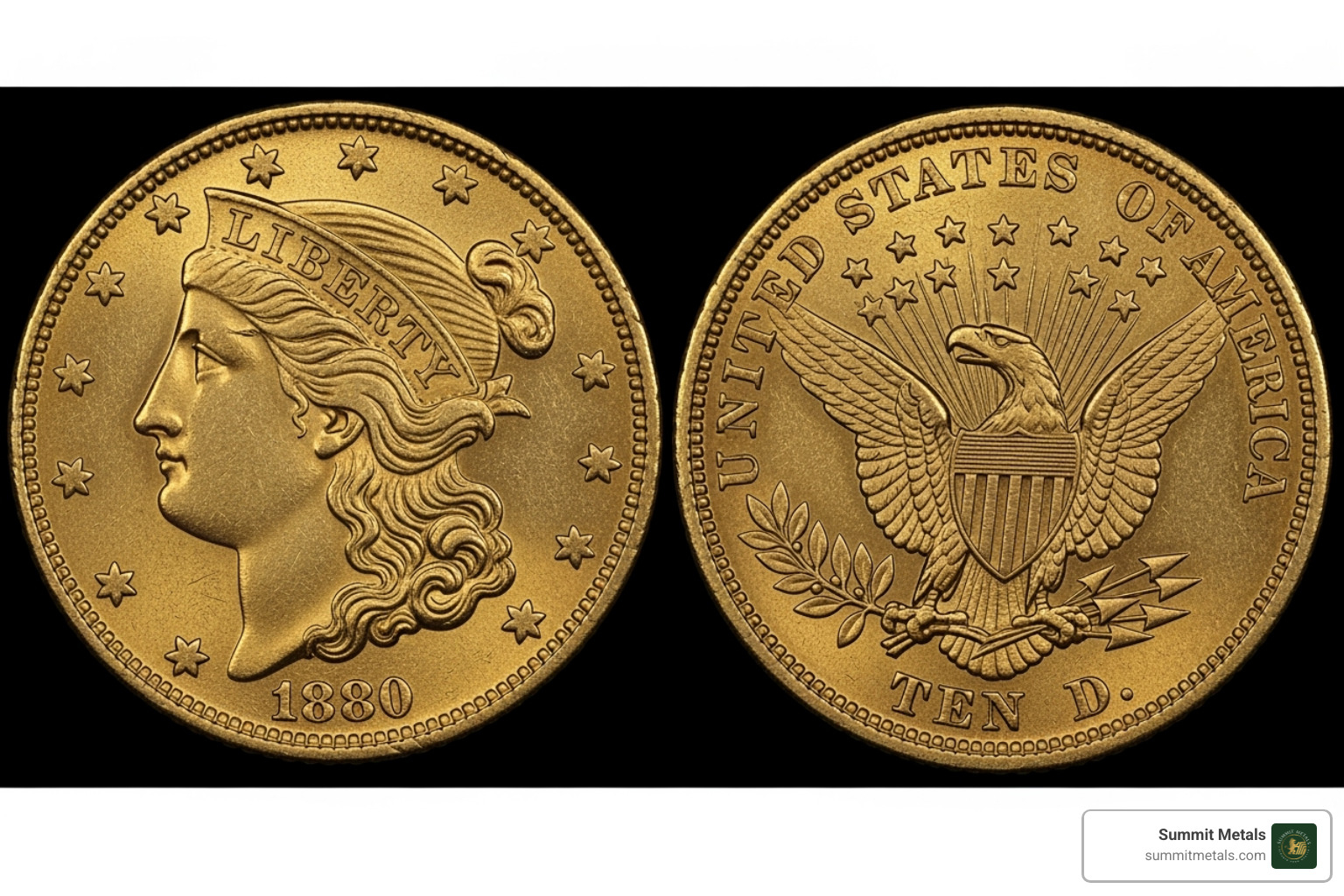 Obverse and reverse of a Type 3 Liberty Head Eagle - 1880 $10 liberty eagle gold coin