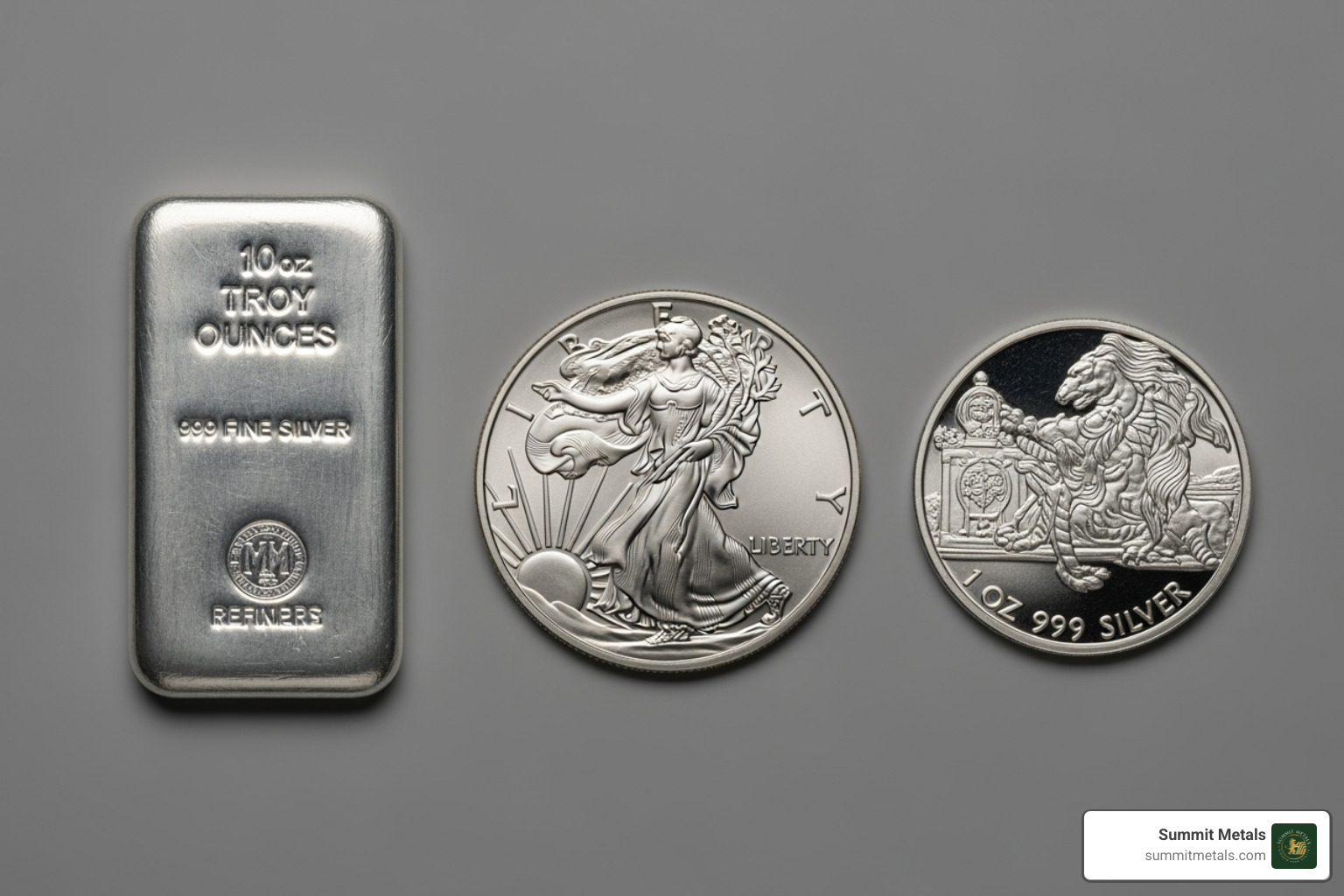 Image showing a side-by-side comparison of a 10 oz silver bar, an American Silver Eagle coin, and a privately minted silver round. - physical silver investment