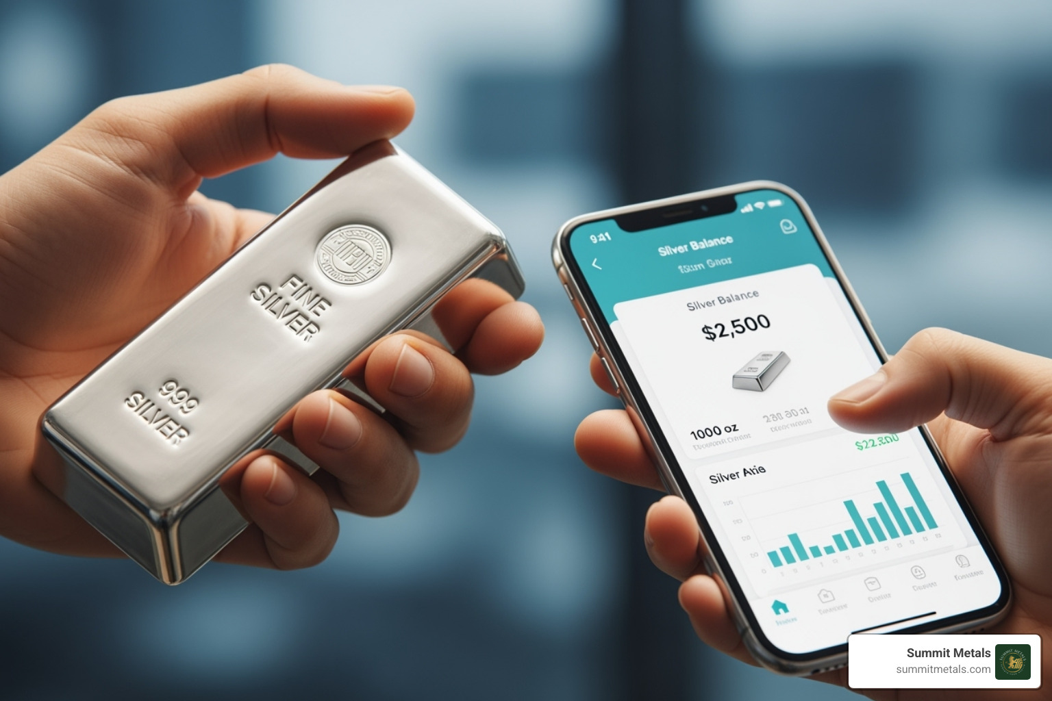 Image of a hand holding a silver bar contrasted with a financial app showing a digital silver balance. - physical silver investment