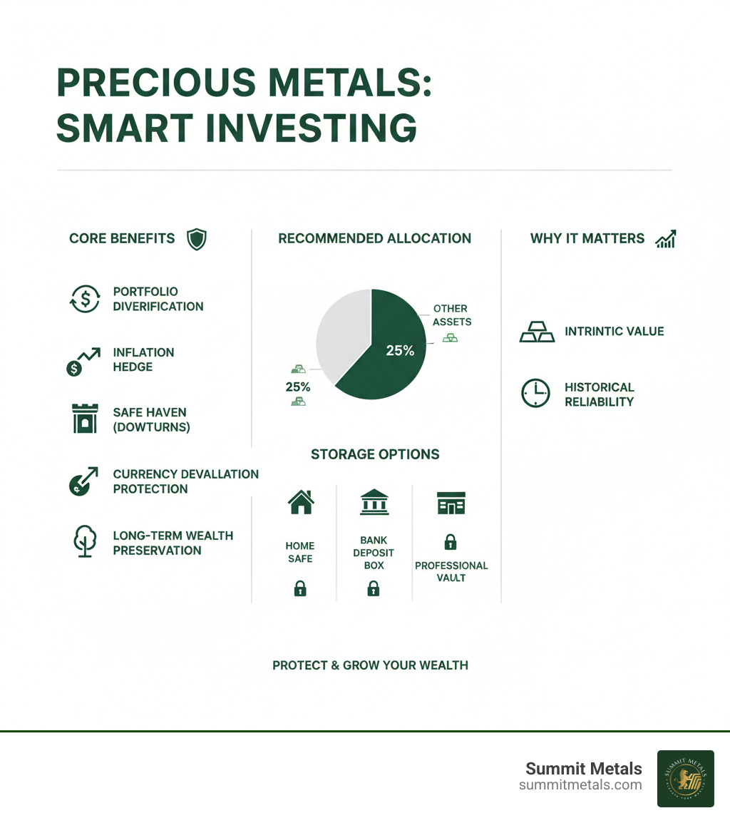 Comprehensive infographic showing the benefits of precious metals investing including portfolio diversification, inflation hedge, safe haven during market downturns, currency devaluation protection, and long-term wealth preservation with recommended allocation percentages and storage options - Precious metals buying infographic 