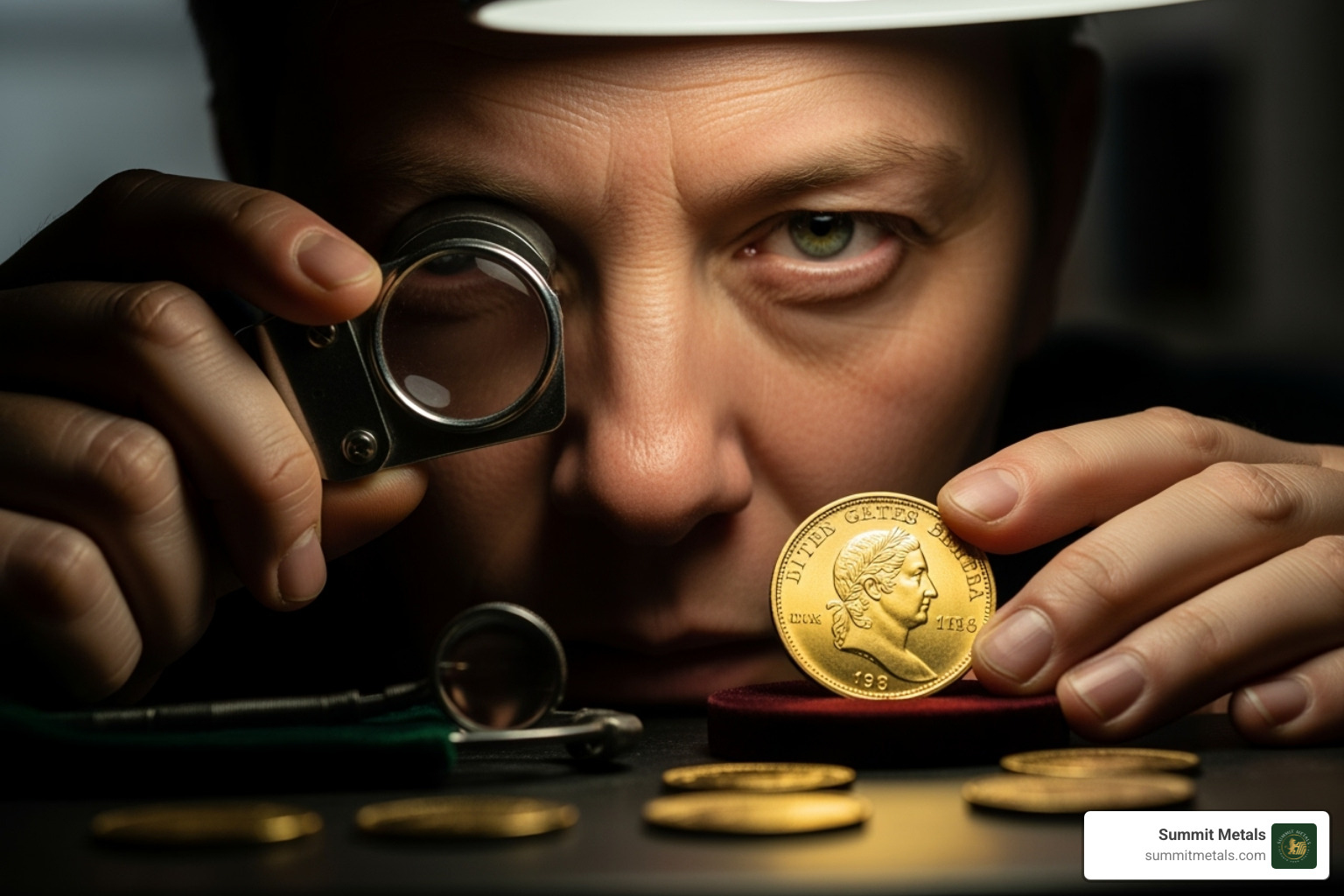 person examining gold coin - Precious metals buying