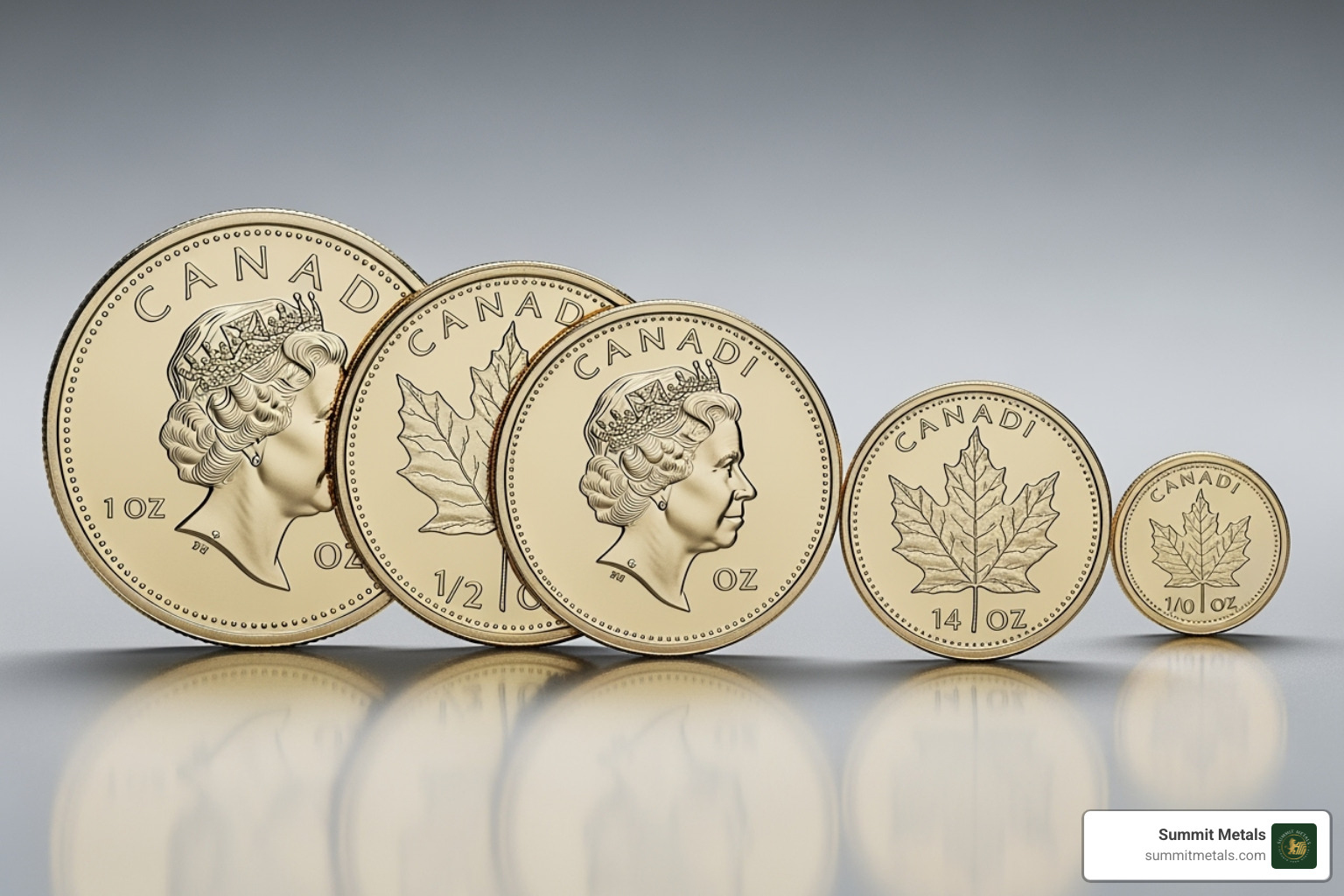 Different fractional sizes of Gold Maple Leaf coins side-by-side - canadian gold maple leaf coins for sale