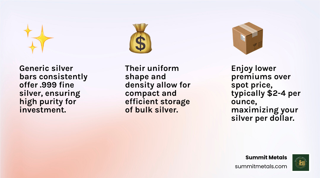 Infographic showing generic silver bar benefits: 99.9% purity stamp, low premium pricing comparison chart, and efficient storage stacking visualization - generic silver bars infographic 3_facts_emoji_light-gradient