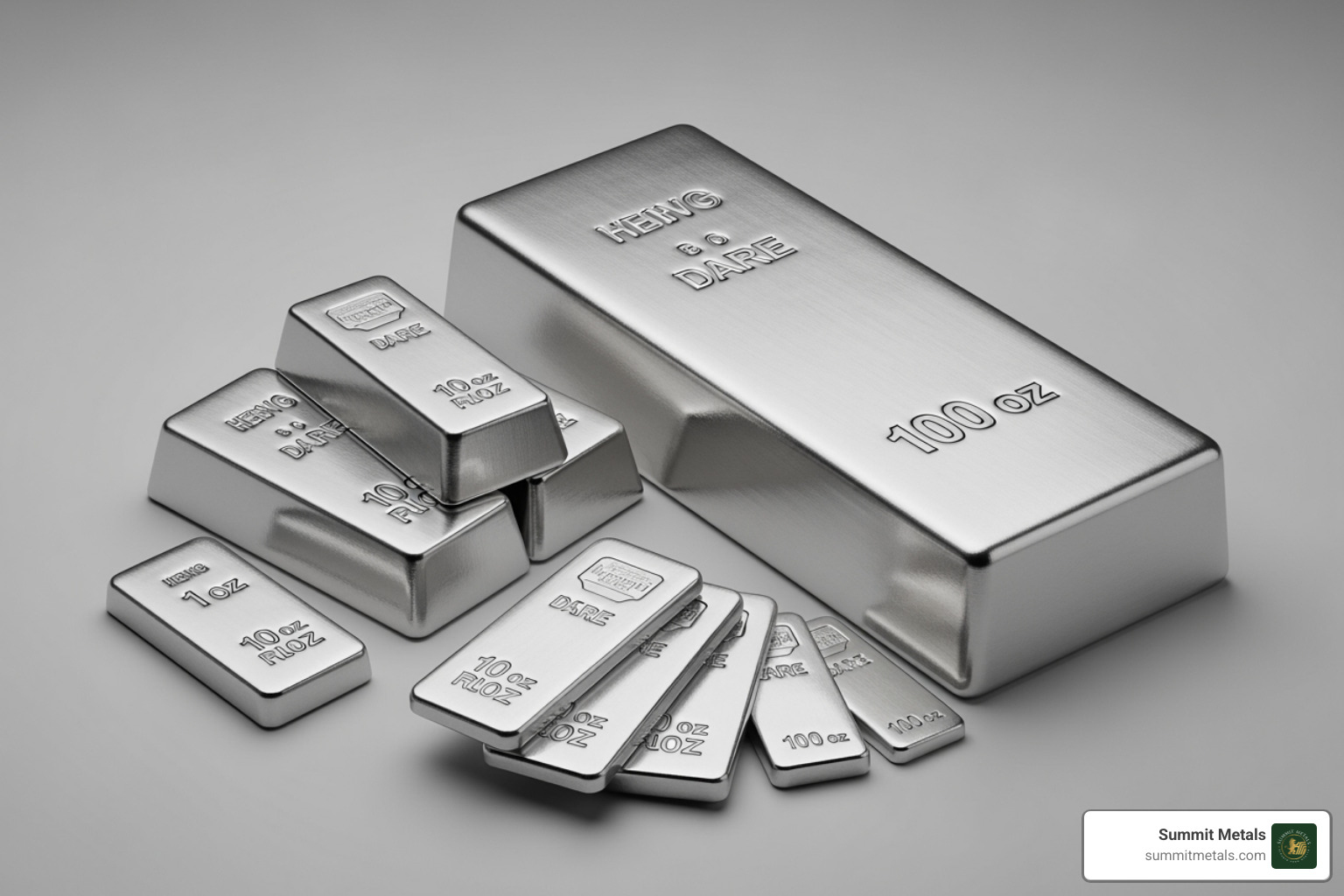 Different sized generic silver bars arranged to show scale (1 oz, 10 oz, 100 oz) - generic silver bars