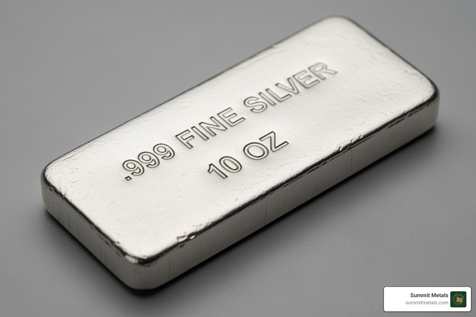 A 10 oz generic silver bar with purity and weight stamps clearly visible - generic silver bars