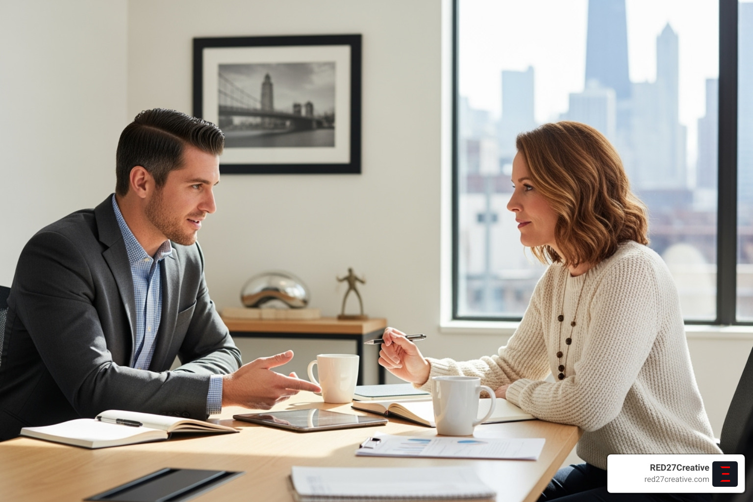 Image of a consultant meeting with a small business owner in a Chicago-themed office, showcasing collaboration and local focus - chicago ecommerce seo consultant Image of a consultant meeting with a small business owner in a Chicago-themed office, showcasing collaboration and local focus - chicago ecommerce seo consultant