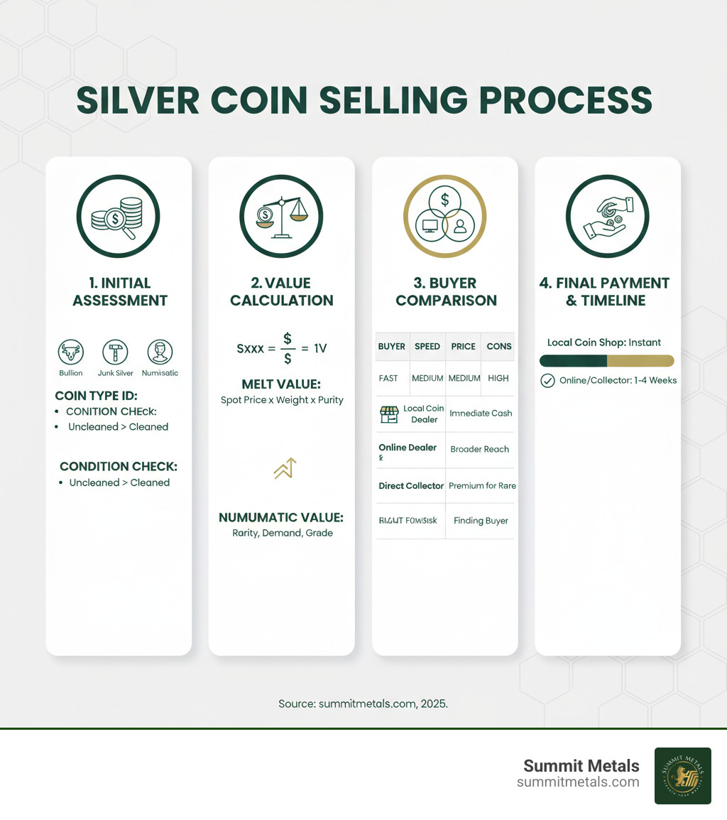 Infographic showing the complete silver coin selling process from initial assessment through final payment, including coin type identification, value calculation methods, buyer comparison chart, and timeline for different selling approaches - selling silver coins infographic Infographic showing the complete silver coin selling process from initial assessment through final payment, including coin type identification, value calculation methods, buyer comparison chart, and timeline for different selling approaches - selling silver coins infographic